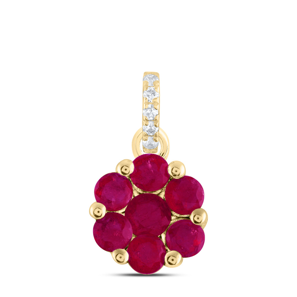 0.67 Ctw Natural Diamond Flower Red Pendant in 14k Yellow Gold