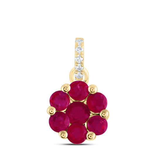 0.67 Ctw Natural Diamond Flower Red Pendant in 14k Yellow Gold
