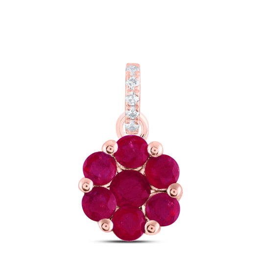 0.68 Ctw Natural Diamond Flower Red Pendant in 14k Rose Gold