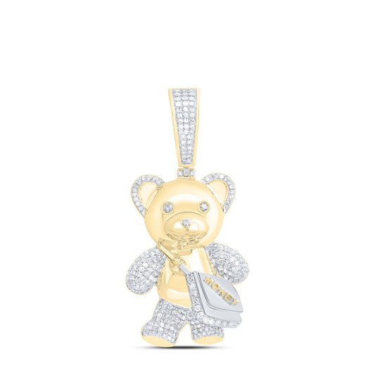 0.98 Ctw Natural Diamond Teddy Bear Money Bag Pendant in 10K Yellow White