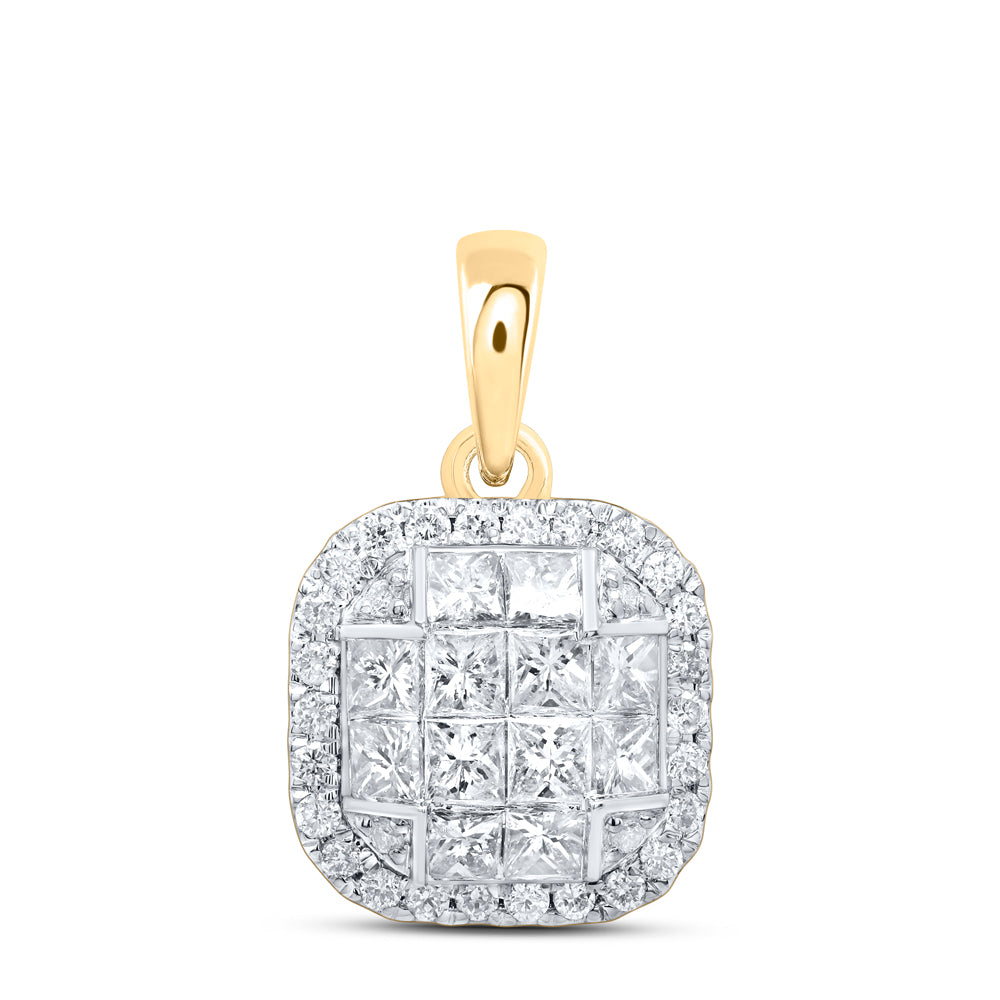 0.86 Ctw Natural Diamond Princess Cut Center Round Edge Square Pendant in 14k Yellow Gold