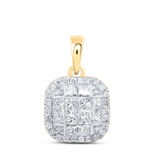 0.86 Ctw Natural Diamond Princess Cut Center Round Edge Square Pendant in 14k Yellow Gold