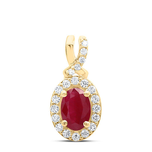 1.29 Ctw Natural Diamond Oval Center Red Pendant in 14k Yellow Gold