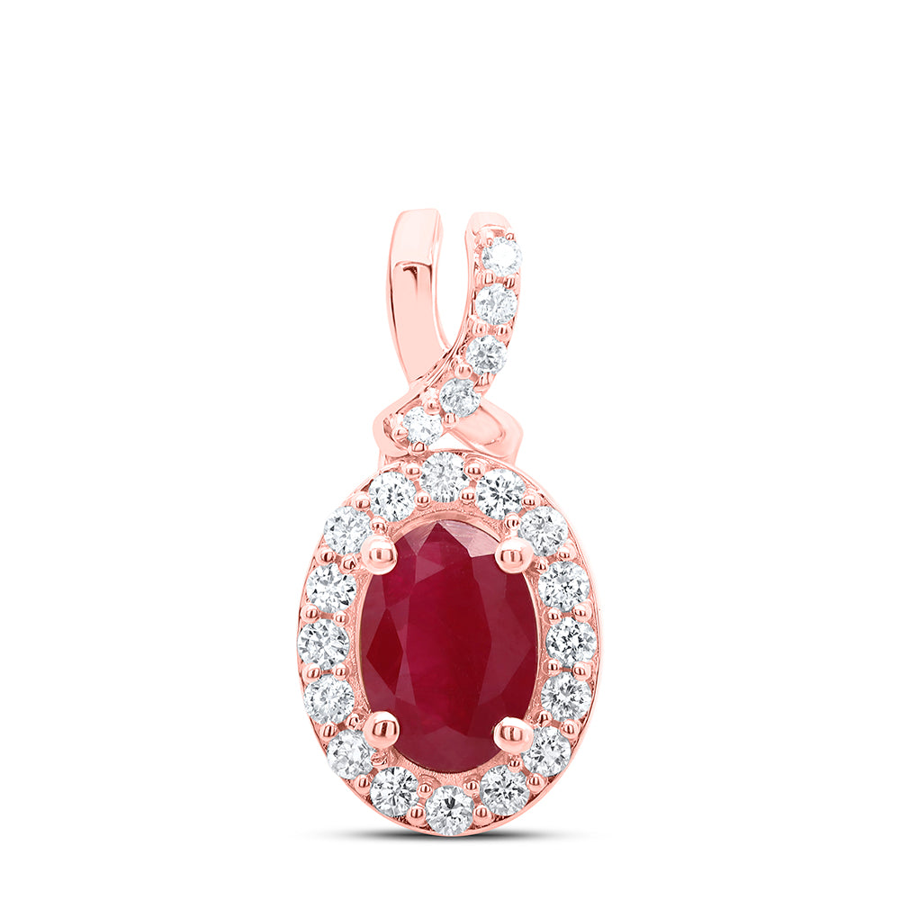 1.09 Ctw Natural Diamond Oval Center Red Pendant in 14k Rose Gold