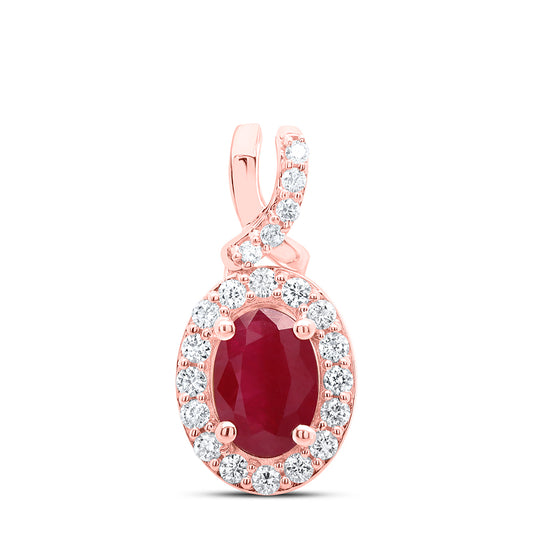 1.09 Ctw Natural Diamond Oval Center Red Pendant in 14k Rose Gold