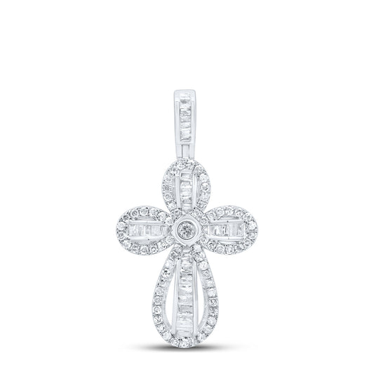 0.6 Ctw Natural Diamond Cross Religious Pendant in 10k White Gold