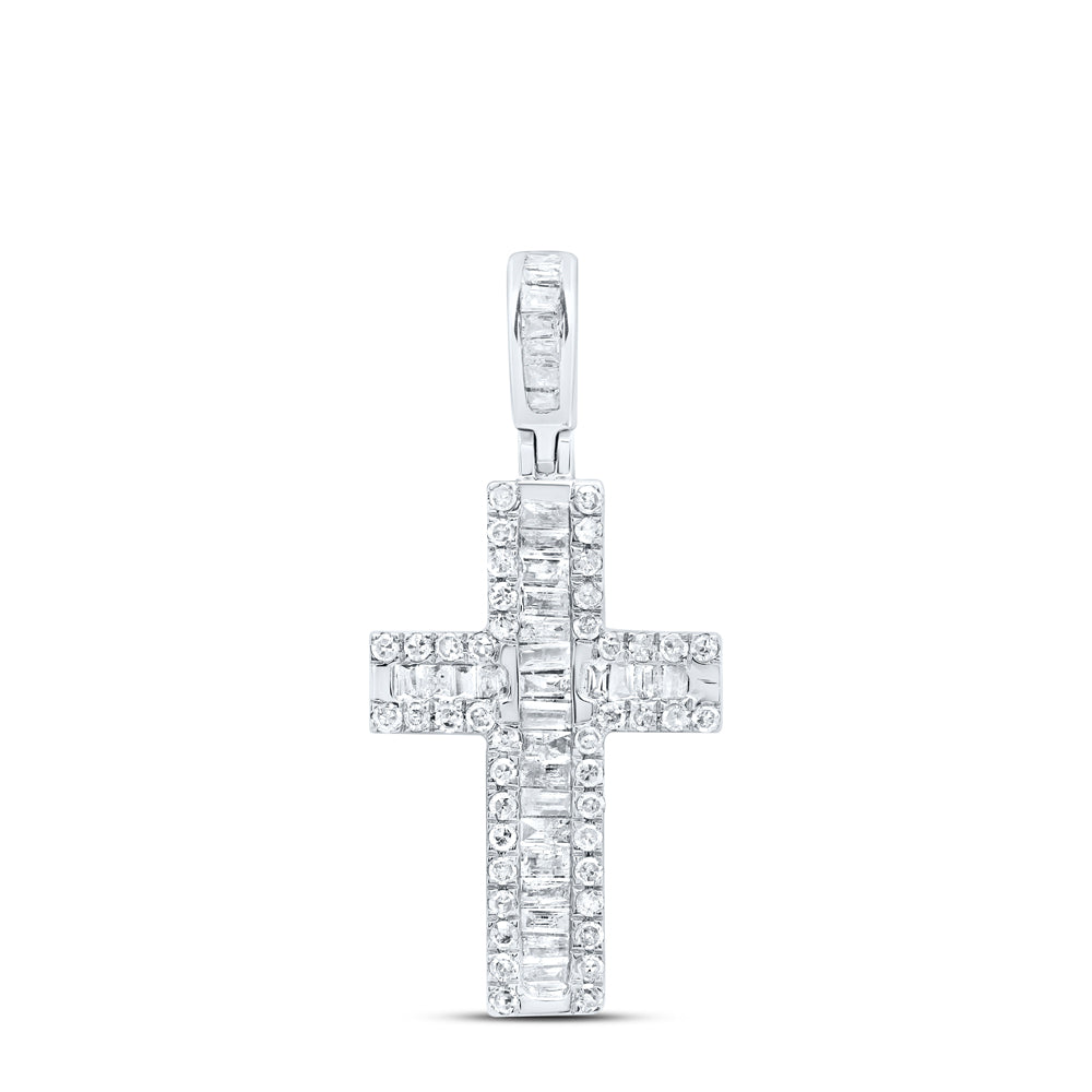 0.51 Ctw Natural Diamond Baguette Cross Pendant in 10k White Gold