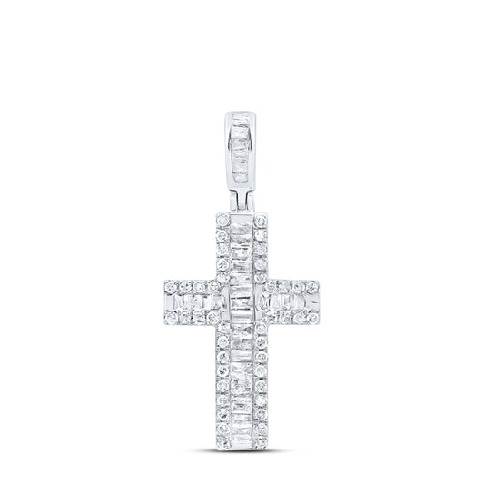 0.51 Ctw Natural Diamond Baguette Cross Pendant in 10k White Gold