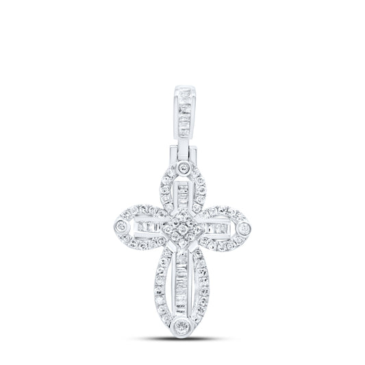 0.49 Ctw Natural Diamond Cross Religious Pendant in 10k White Gold