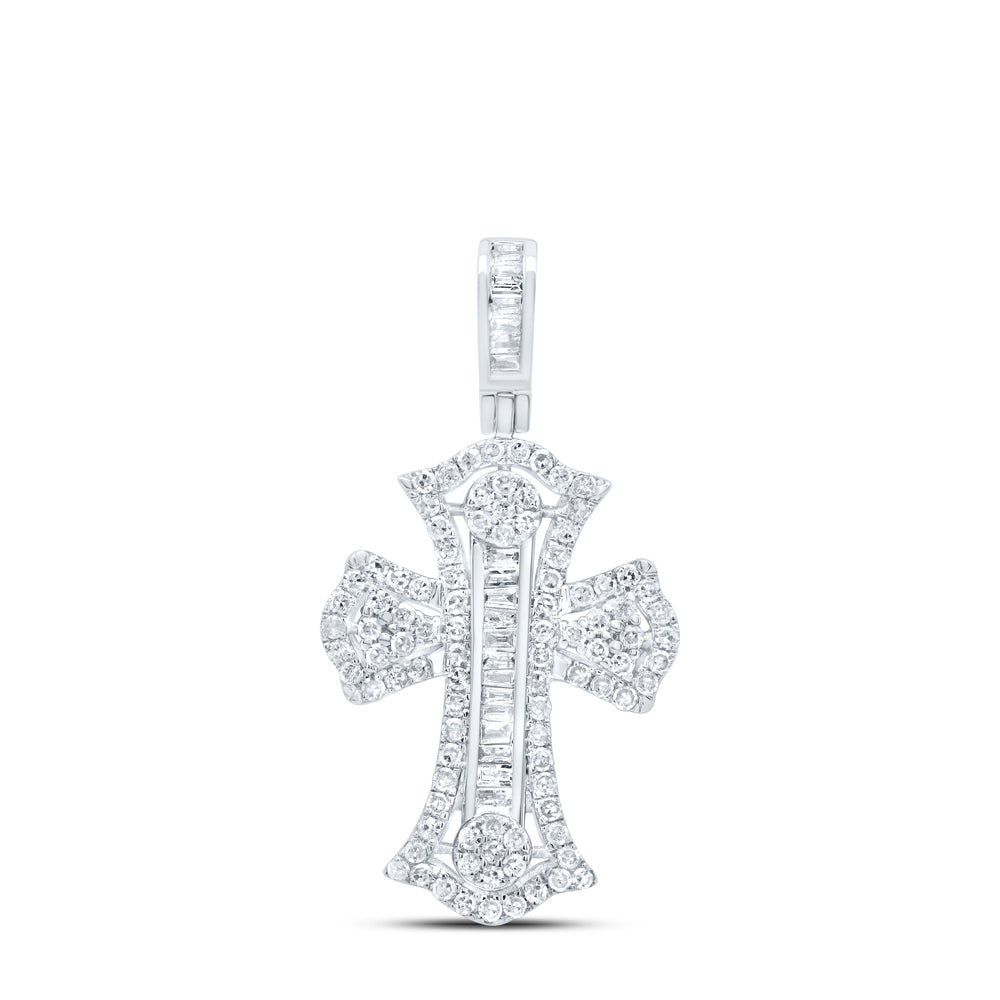 0.6 Ctw Natural Diamond Cluster Cross Religious Pendant in 10k White Gold