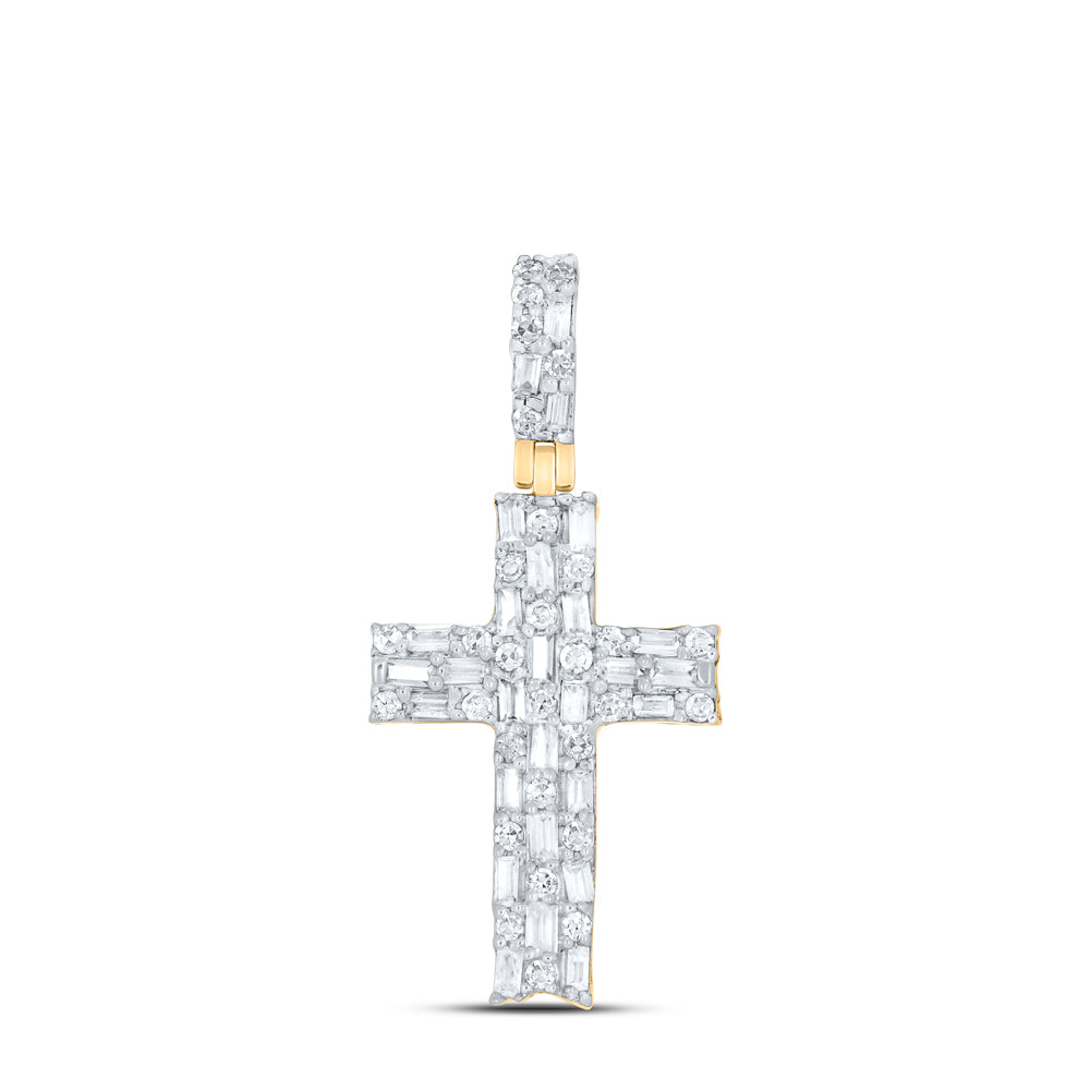 0.63 Ctw Natural Diamond Baguette Cross Religious Pendant in 10k Yellow Gold