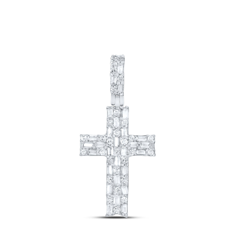 0.59 Ctw Natural Diamond Baguette Cross Religious Pendant in 10k White Gold
