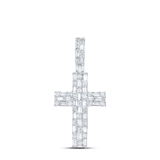 0.59 Ctw Natural Diamond Baguette Cross Religious Pendant in 10k White Gold
