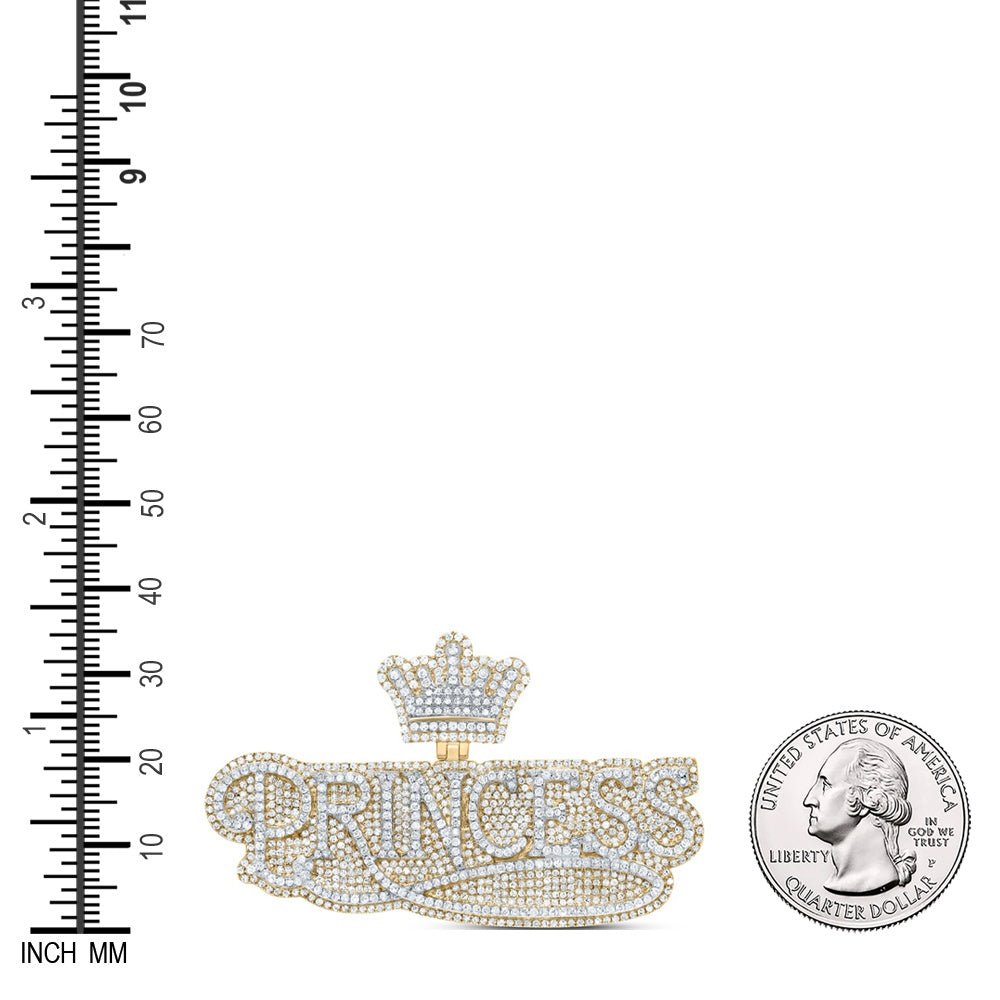 3.2 Ctw Natural Diamond Hiphop Princess Crown Nameplate Pendant in 10k Yellow Gold