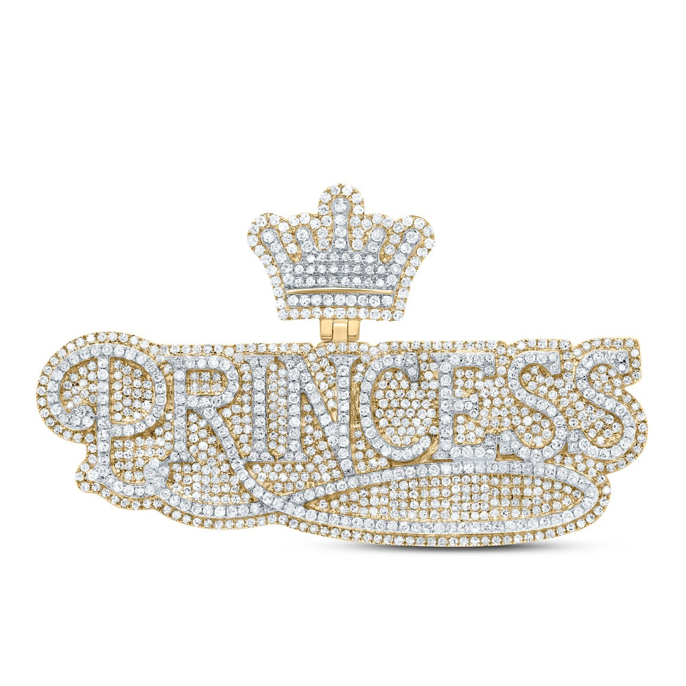 3.2 Ctw Natural Diamond Hiphop Princess Crown Nameplate Pendant in 10k Yellow Gold