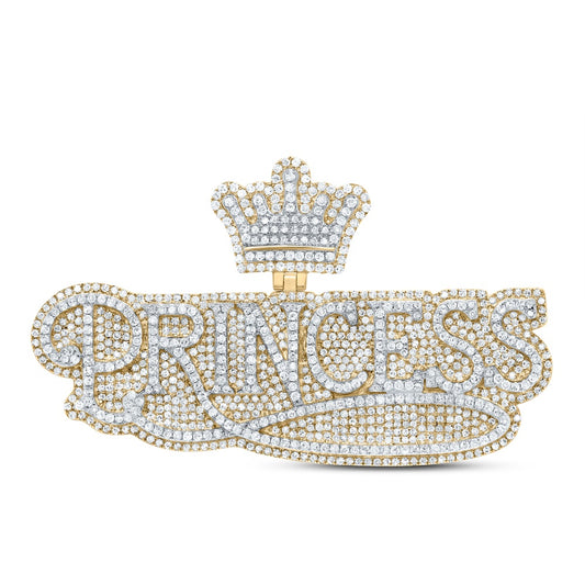 3.2 Ctw Natural Diamond Hiphop Princess Crown Nameplate Pendant in 10k Yellow Gold