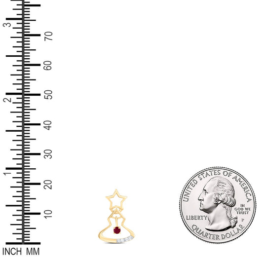 0.06 Ctw Natural Diamond Red Christmas Tree Gift Pendant in 10k Yellow Gold