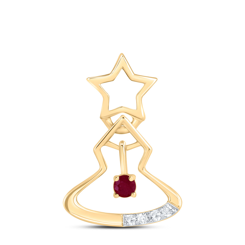 0.06 Ctw Natural Diamond Red Christmas Tree Gift Pendant in 10k Yellow Gold