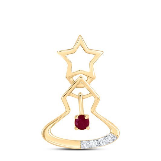0.06 Ctw Natural Diamond Red Christmas Tree Gift Pendant in 10k Yellow Gold