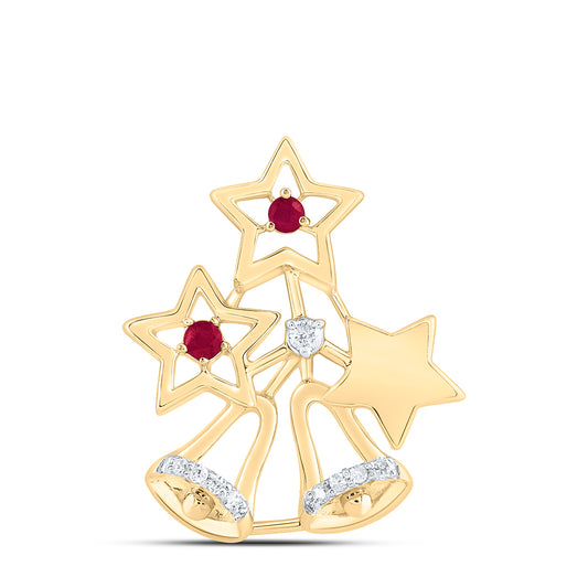 0.1 Ctw Natural Diamond Red Star and Bell Pendant in 10k Yellow Gold