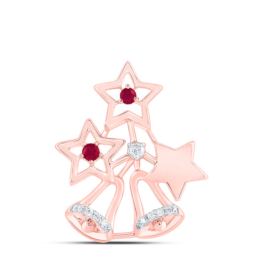 0.11 Ctw Natural Diamond Red Star and Bell Pendant in 10k Rose Gold