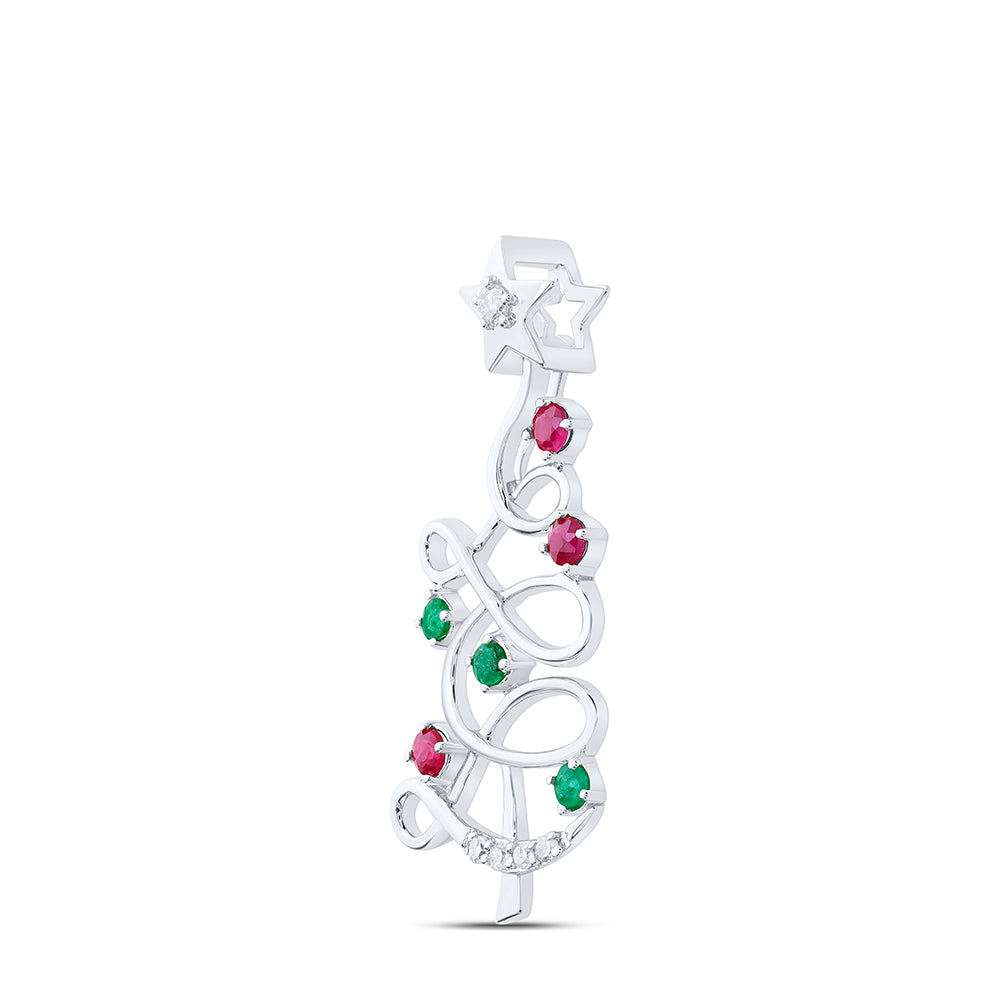0.18 Ctw Natural Diamond Multi Color Christmas Tree Pendant in 10k White Gold