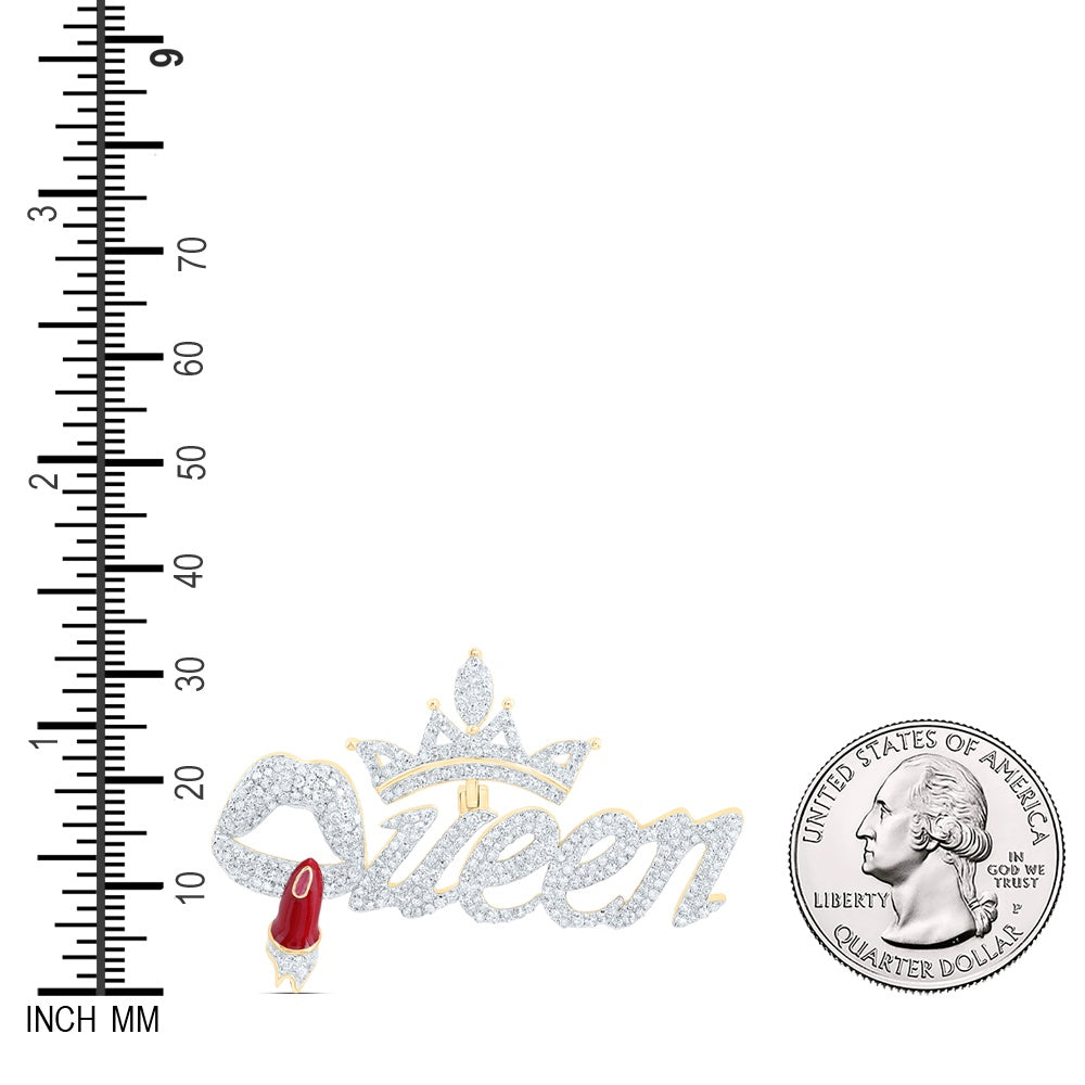 1.74 Ctw Natural Diamond Hiphop Queen Crown Lips Lipstick Pendant in 10k Yellow Gold