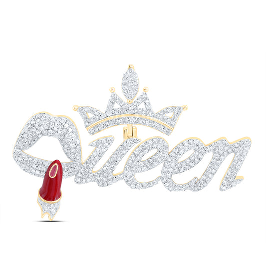 1.74 Ctw Natural Diamond Hiphop Queen Crown Lips Lipstick Pendant in 10k Yellow Gold