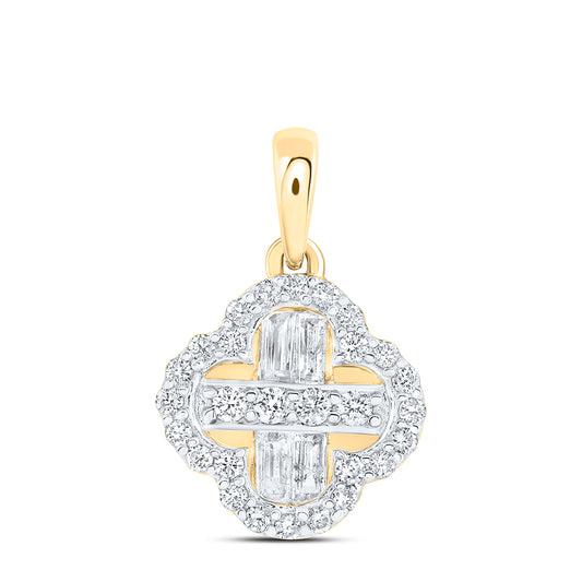 0.3 Ctw Natural Diamond Bagguett Clover Flower Pendant in 14k Yellow Gold