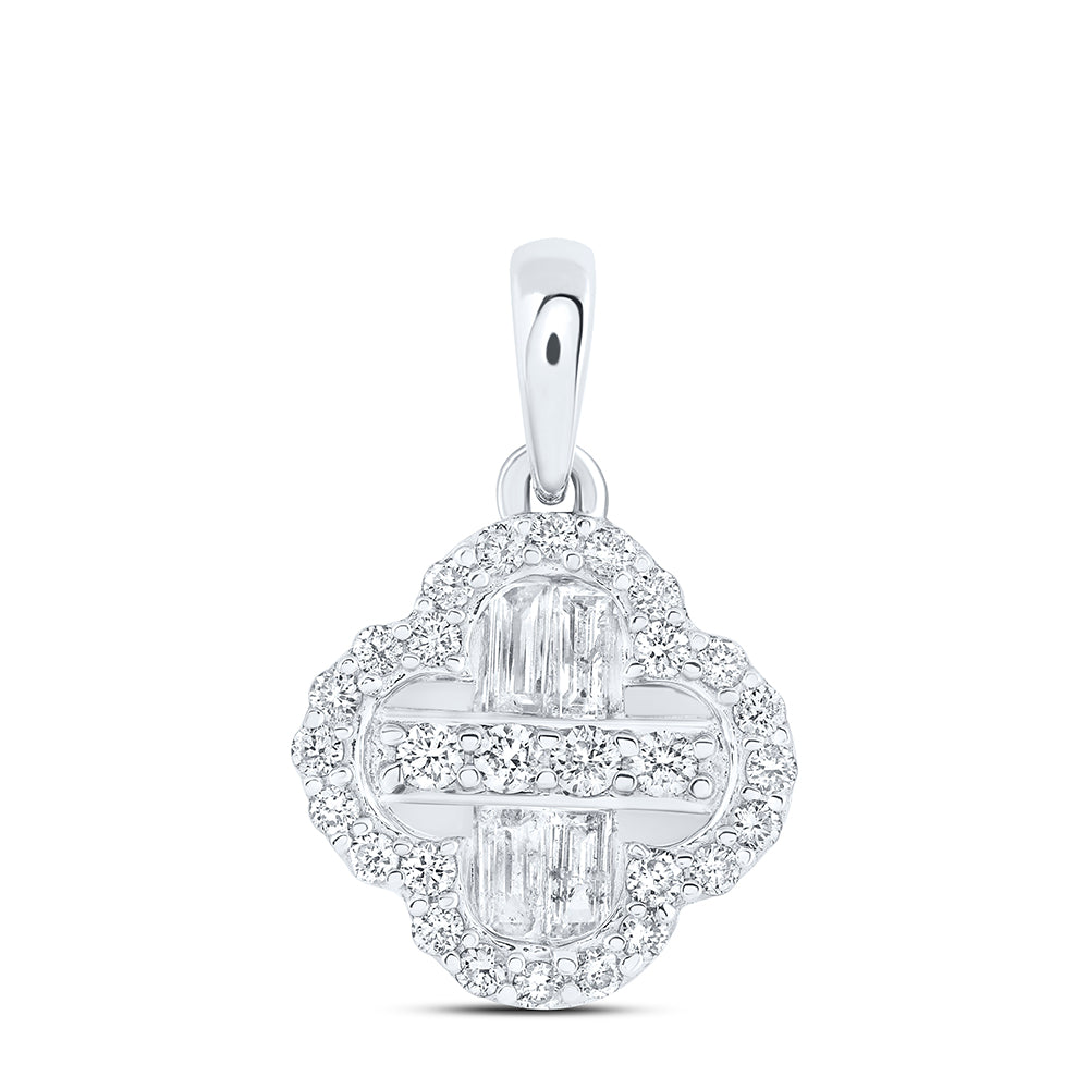 0.3 Ctw Natural Diamond Bagguett Clover Flower Pendant in 14k White Gold
