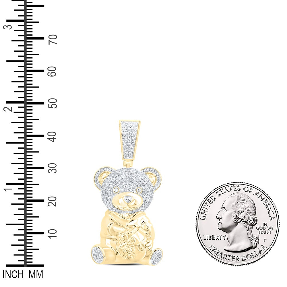 0.96 Ctw Natural Diamond Teddy Bear With Money Bag Pendant in 10k Yellow Gold