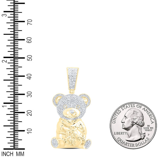 0.96 Ctw Natural Diamond Teddy Bear With Money Bag Pendant in 10k Yellow Gold