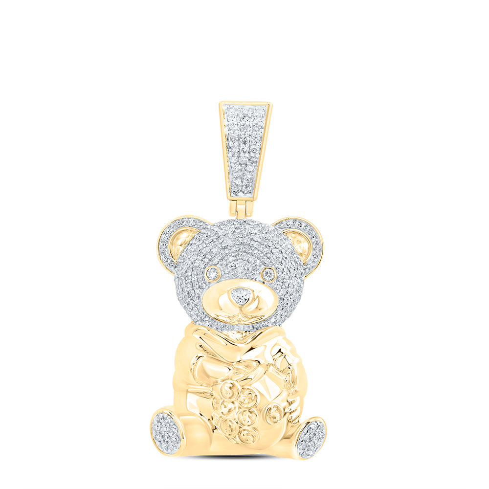 0.96 Ctw Natural Diamond Teddy Bear With Money Bag Pendant in 10k Yellow Gold