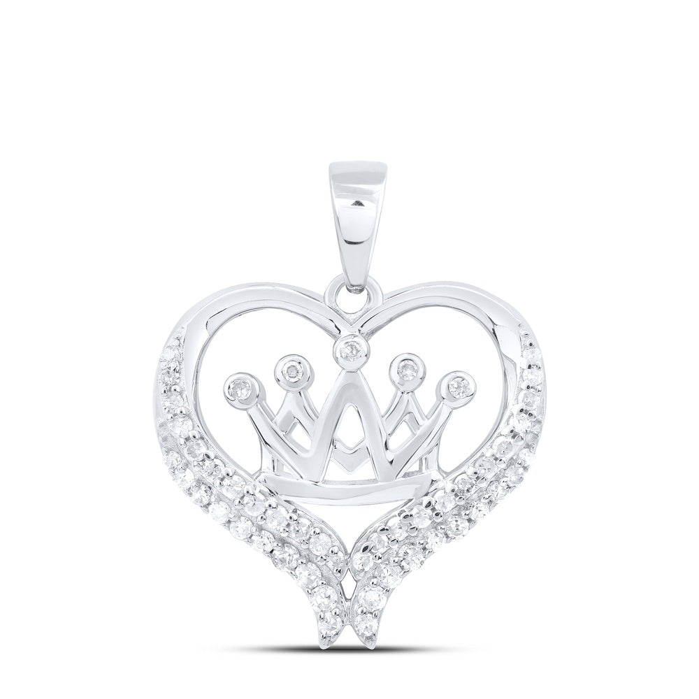 0.21 Ctw Natural Diamond Crown Open Heart Pendant in Sterling Silver