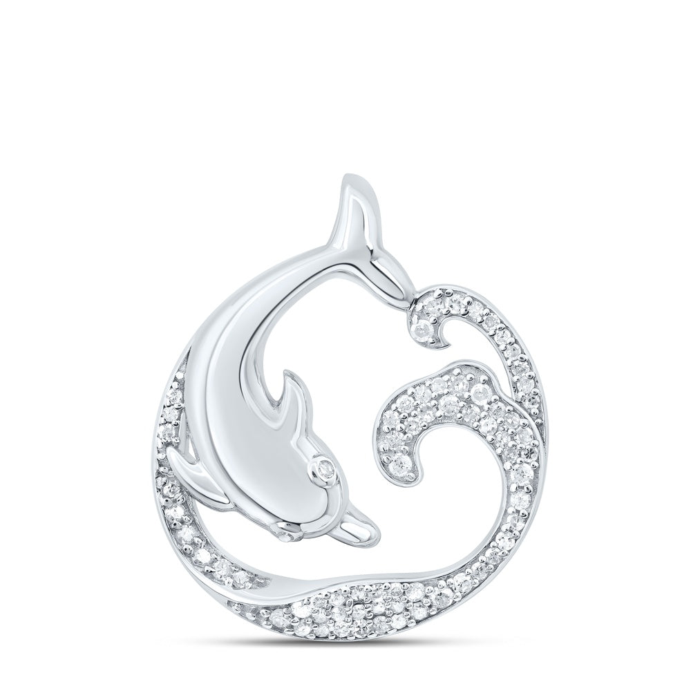 0.22 Ctw Natural Diamond Dolphin Animal Pendant in Sterling Silver