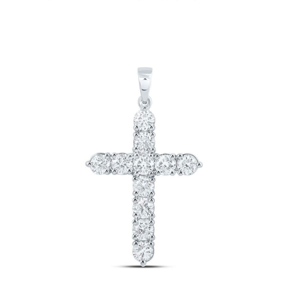 1.49 Ctw Natural Diamond One Row Tennis Cross Pendant in 14k White Gold