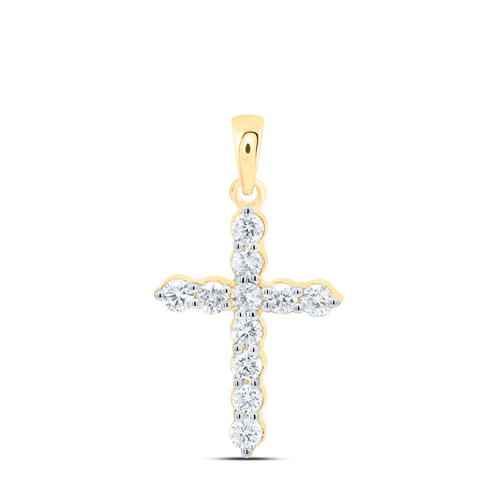 0.55 Ctw Natural Diamond One Row Cross Religious Pendant in 14k Yellow Gold
