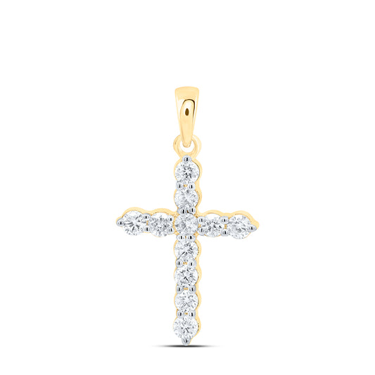 0.55 Ctw Natural Diamond One Row Cross Religious Pendant in 14k Yellow Gold