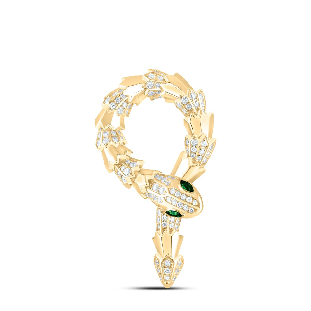 1.3 Ctw Natural Diamond Green Eyes Snake Animal Pendant in 14k Yellow Gold