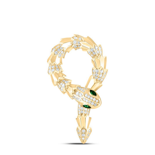 1.3 Ctw Natural Diamond Green Eyes Snake Animal Pendant in 14k Yellow Gold