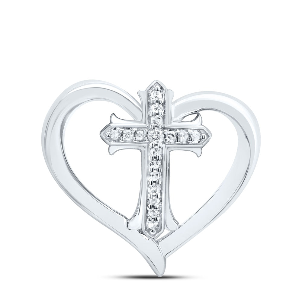 0.08 Ctw Natural Diamond Open Heart Cross Pendant in Sterling Silver