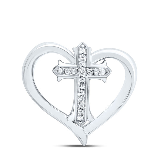 0.08 Ctw Natural Diamond Open Heart Cross Pendant in Sterling Silver