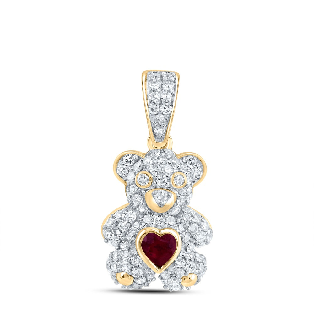 0.47 Ctw Natural Diamond Red Heart Teddy Bear Pendant in 10k Yellow Gold
