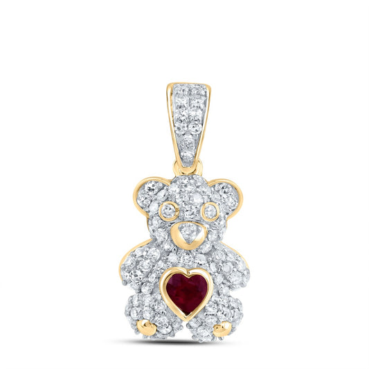 0.47 Ctw Natural Diamond Red Heart Teddy Bear Pendant in 10k Yellow Gold