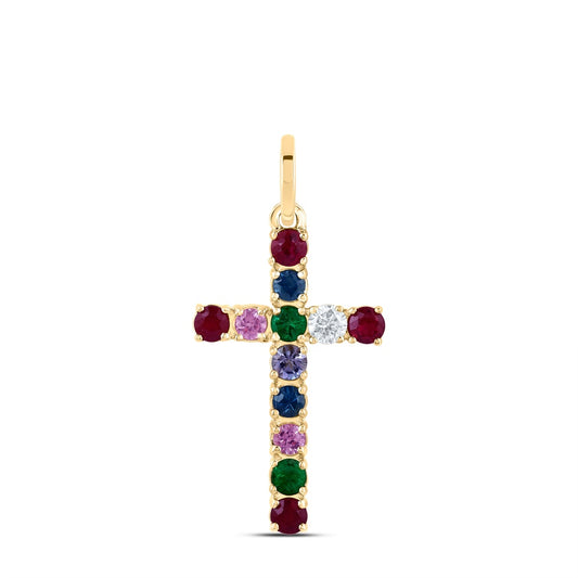 0.51 Ctw Natural Diamond Colored Diamond Tennis Cross Pendant in 14k Yellow Gold