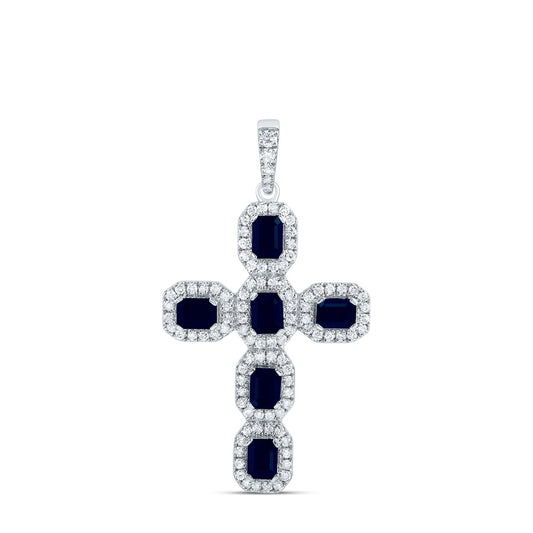 2.19 Ctw Natural Diamond Blue Diamond Cross Religious Pendant in 14k White Gold