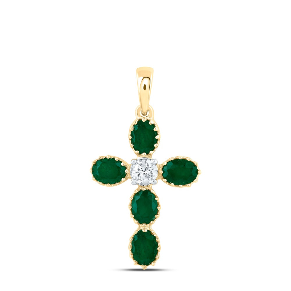 1.02 Ctw Natural Diamond Green Cross Religious Pendant in 14k Yellow Gold