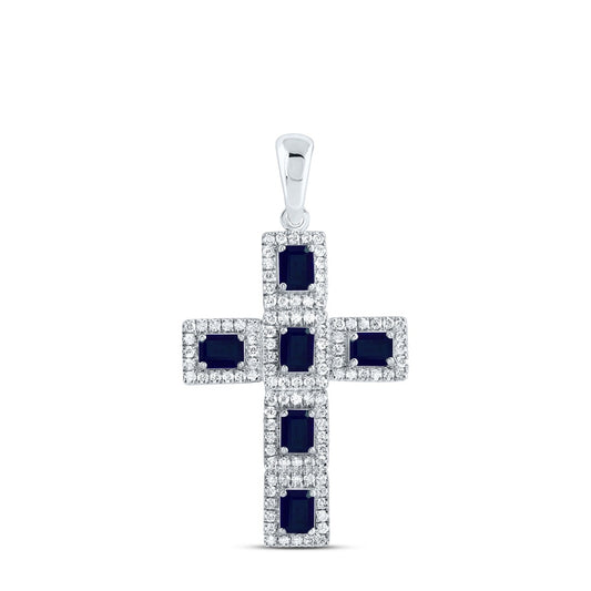 1.87 Ctw Natural Diamond Blue White Cross Religious Pendant in 14k White Gold