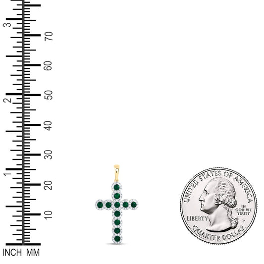 1.23 Ctw Natural Diamond Green Emelard Cross Pendant in 14k Yellow Gold
