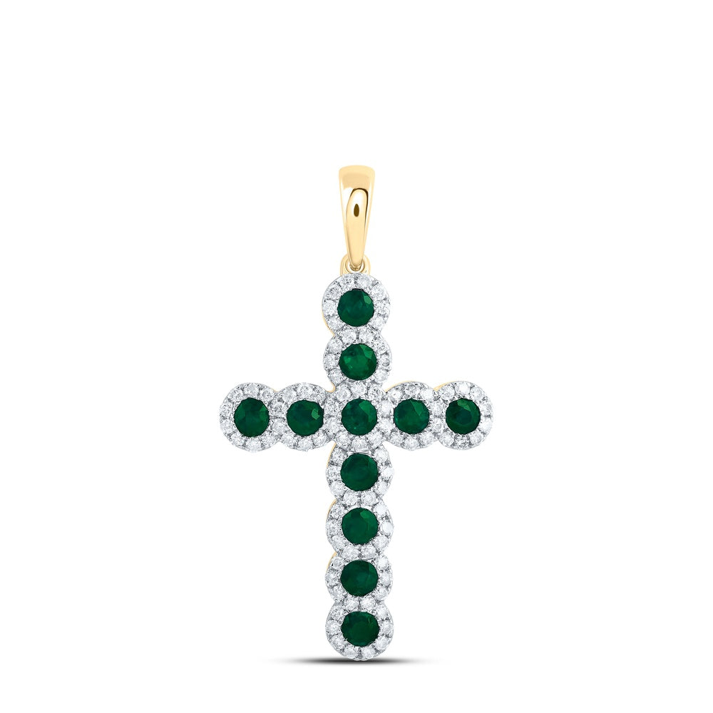 1.23 Ctw Natural Diamond Green Emelard Cross Pendant in 14k Yellow Gold